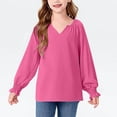 thumbnail image 2 of MeetoTime Girls Solid Color Loose Puff Sleeve Long Sleeve V-neck Top Spring Fall Kids Shirt 6-16 Years, 2 of 7