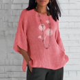 thumbnail image 1 of Pxiakgy Chemises pour Femmes Été Manches 3/4 Col Rond Imprimé Floral Haut Ample T-Shirts Tunique en Lin Décontractée Blouse Rose + TG, 1 of 4