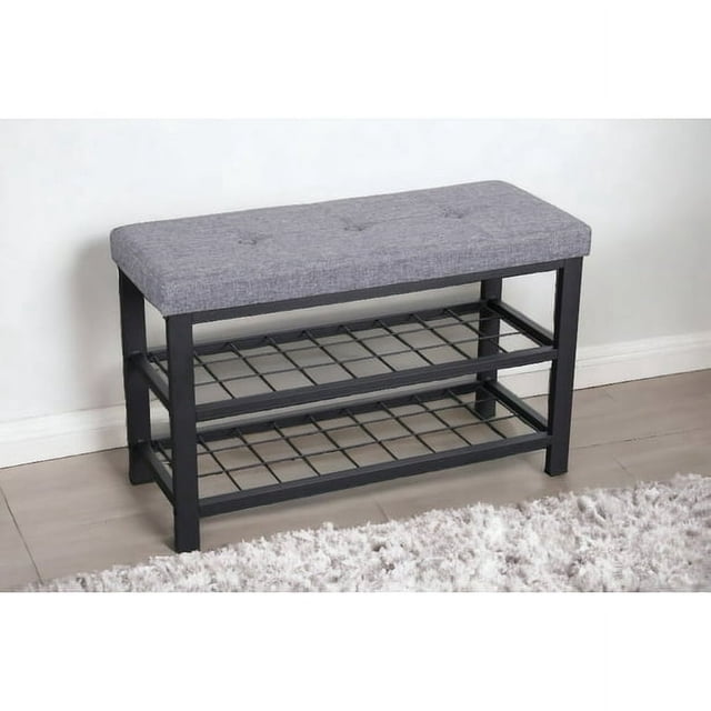 Nola Home Shoe Bench with Storage, a versatile shoe storage solution with a 2-tier shoe rack, padded grey upholstered seat, and sturdy black metal frame. Compact design measuring 31.75 inches wide, 12.75 inches deep, and 19.75 inches high, ideal for entryways or small spaces. Features two open shelves for organizing up to six pairs of shoes.