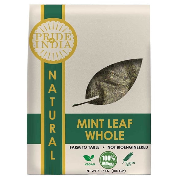Pride of India – Mint Leaf Whole – Cut & Sifted for Convenience of Use – Good for Culinary Uses – Ideal for Tea/Beverages – Easy to Store – 3.53 oz. Resealable Pouch Pack