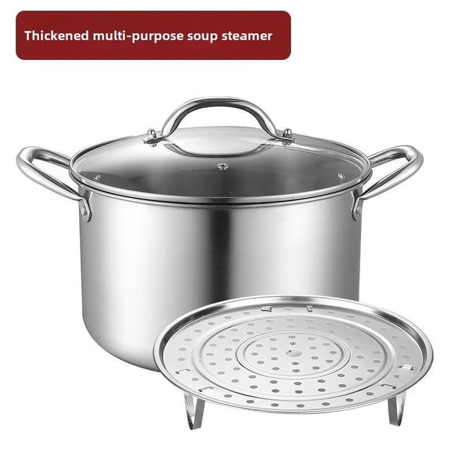 Premium Stainless Steel European-Style Stockpot with Steamer Rack, 28cm diameter and 7.5L capacity, shown with a thickened flat base for even heating. The pot features a coating-free design for healthy cooking, double-ear handles for easy handling, and a clear glass lid. Includes a perforated stainless steel steamer rack, suitable for induction cookers and versatile use in various cooking tasks.