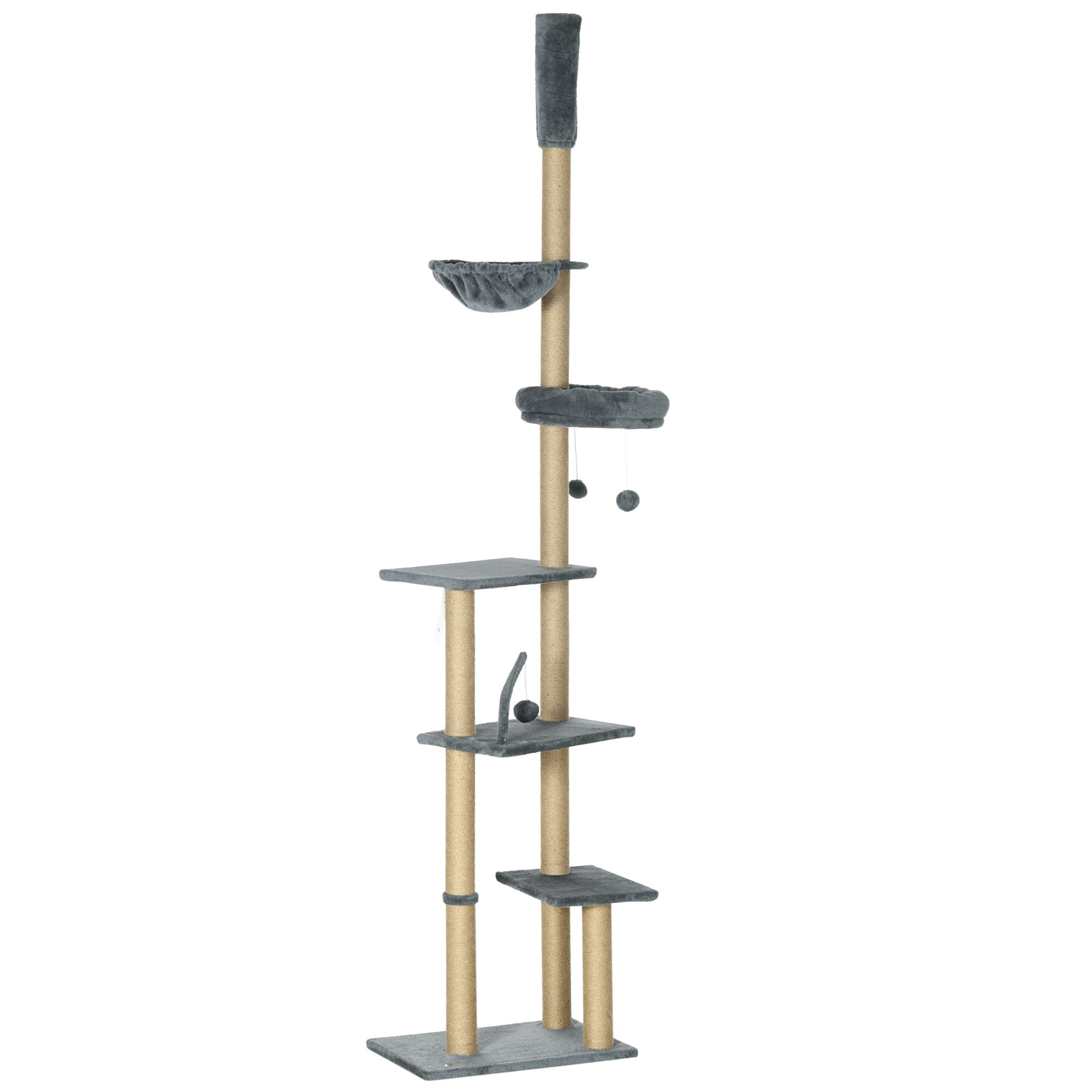 Adjustable Floor to Ceiling Cat Tree, 90.5"-98.5" H Grey Cat Tower with Plush Hammock, Bed, Scratching Posts & Perches, Multi-Level Pet Climber for Living Room or Bedroom