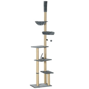 Plancher ajustable à l'arbre de chat plafond, 90,5"-98.5" H Tour de chat gris avec hamac en peluche, lit, poteaux à gratter & Perches, Escalade multi-niveaux pour le salon ou la chambre à coucher