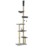 Adjustable Floor to Ceiling Cat Tree, 90.5"-98.5" H Grey Cat Tower with Plush Hammock, Bed, Scratching Posts & Perches, Multi-Level Pet Climber for Living Room or Bedroom