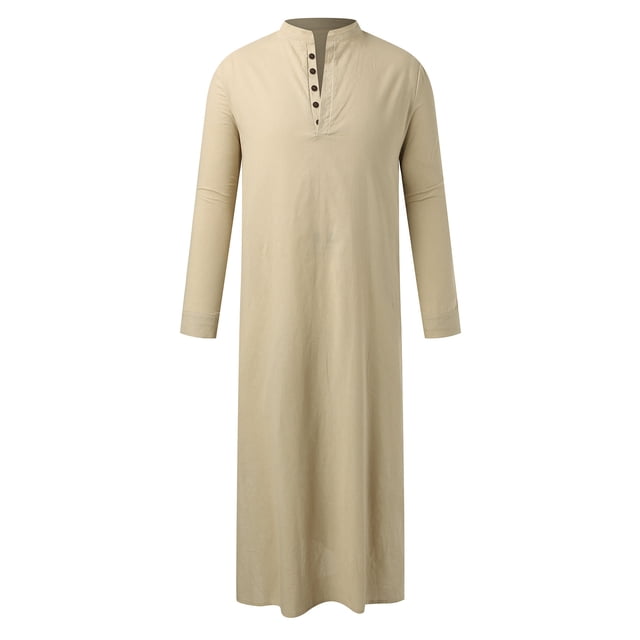 Men's Middle Arabic Style Long Sleeve Button Robe for Men with Side Slits and Pocket - Classic Dress Shirt Suitable for Casual and Formal Occasions