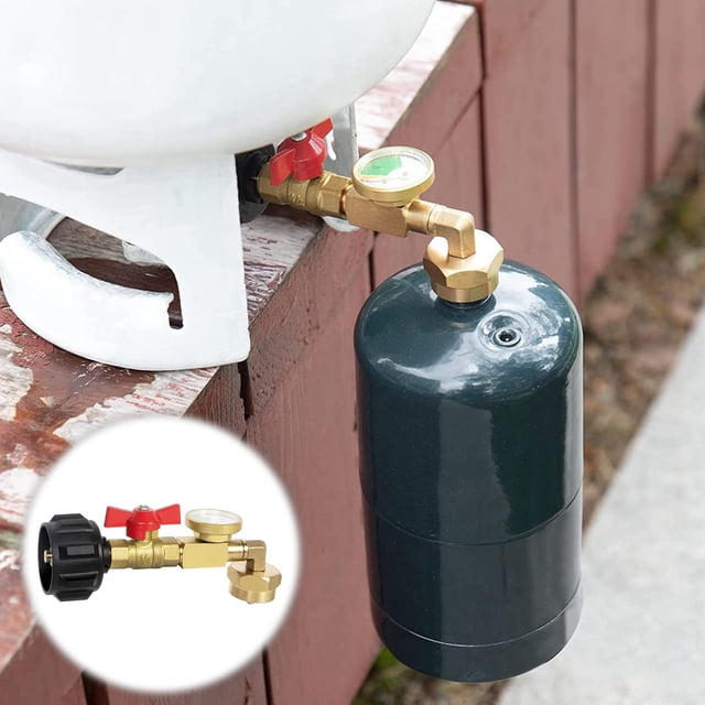 Pergakoff Propane Refuel Adapter with Plug and Gauge for Quick 1 Lb Bottle Fill from 20 Lb Tank 90 Elbow Design Easy Operation
