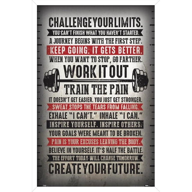 Challenge Your Limits Wall Poster, 14.725" x 22.375" framed motivational fitness wall art with bold black and red typography on a textured gray background, featuring inspiring quotes like 'Work It Out' and 'Train The Pain' with barbell icons, ideal for home décor, office, or gym inspiration.