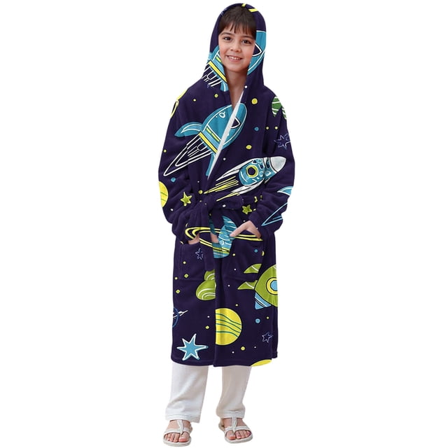 RXMEKW Hooded Velvet Bathrobe for Girls Long Sleeve Pajama Set for Kids Soft Polyester Robe