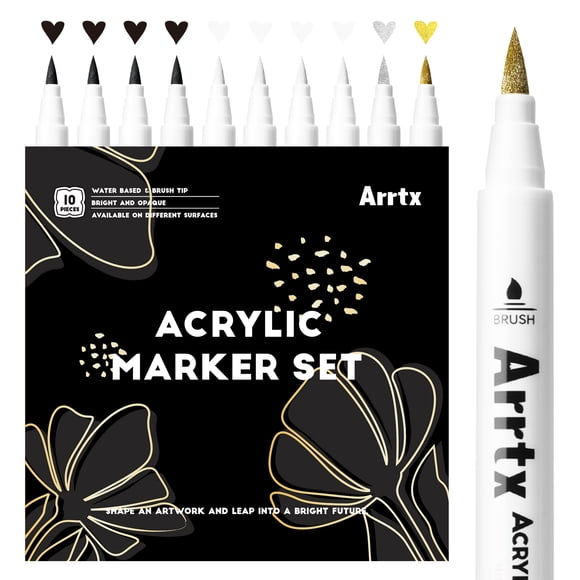 Arrtx 10 Pcs Marqueurs de Peinture Acrylique, Stylos de Peinture Métallique à Pointe Pinceau pour Peinture sur Pierre, Tissu, Verre, Encre à Base d'Eau, 4 Blancs 4 Noirs 1 Or et 1 Argent, Fournitures d'Art Bricolage