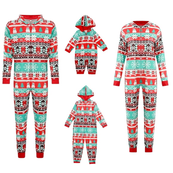 Family Christmas Matching Pajamas Hooded Onesies Snowflake One-Pieces Sleepwear Adult Kids Baby