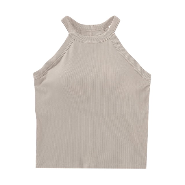 Mrat Plus Size Tank Tops Women's Round Neck with Chest Pad and Solid Color Bottom Tops Workout Basic Crop Tops S-284 Beige L