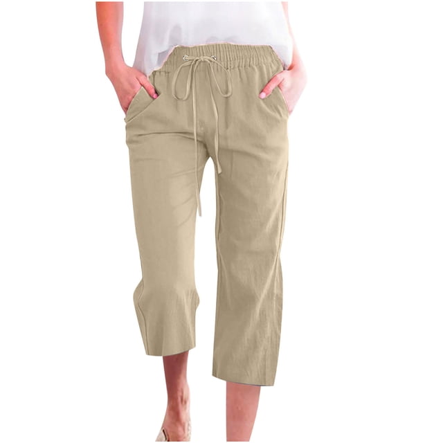 Wide Leg Pnats for Women Plus Size Casual Solid Color Comfy Mid Rise Pants for Women Fashion Loose Fit Daily Drawstring Linen And Cotton Lightweight Party Vacation Beach Pants with Pocket(Beige,L)