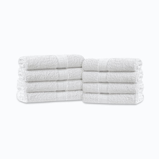 Mainstays 8pk Washcloth Set with eight white 12 by 12 inch 100% cotton washcloths stacked in two piles, featuring lightweight, quick-drying terry fabric with a textured band, suitable for dorm bathrooms and everyday use, also ideal for gym or travel.