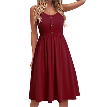 Pisexur Sleeveless V-Neck Dress Women Fashion Button Summer Seaside Sling Sleeveless V-Neck Solid Color Casual Dress Women Blouse