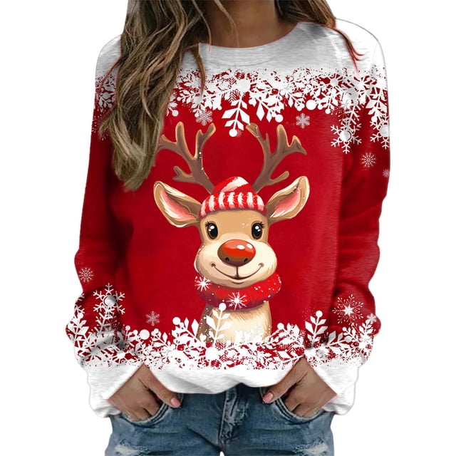 Chandails pour Femmes Veste de Noël pour Femmes Adolescentes Filles Manches Longues Chandails Amples Femmes Chandail à Col Rond Mignon Renne Ensemble de Tenue Confortable Femmes Chandails Graphiques de Noël