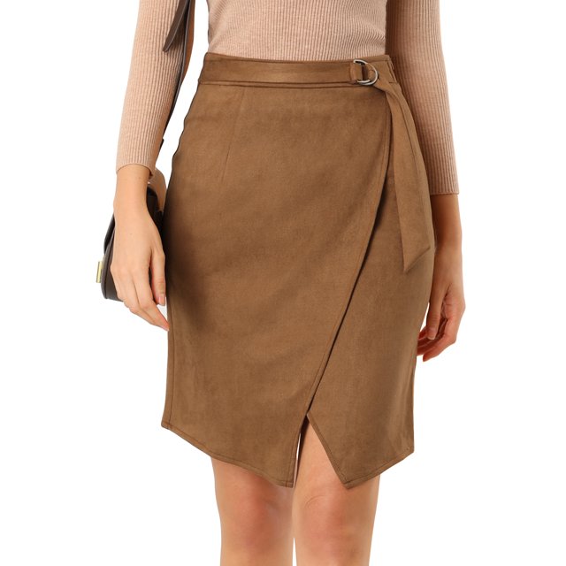 INSPIRE CHIC Women's A-Line Front Slit Knee Length Wrap Faux Suede Skirt