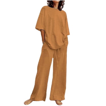 Pisexur Women's 2 Piece Outfit Cotton Linen Set for Women Short Sleeve Pullover with Drawstring Long Pants Tracksuit Jogger Set Solid Color Trousers Casual Two-Piece Suit
