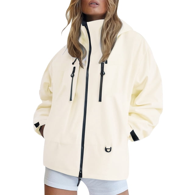 Duoif Veste de Pluie Femme Coupe-Vent Légère avec Capuchon Imperméable Compact avec Poches Vestes pour Femmes Beige m