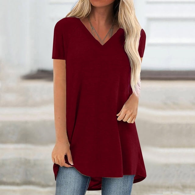 asjyhkr Womens Oversized T Shirts V Neck Short Sleeve Lightweight Tshirt Solid Color Tees Fashion