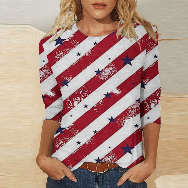 Hauts d'Été pour Femmes 2023 Mode Féminine Manches Trois-Quarts Col Rond Rétro Imprimé Indépendance Blouse Ample Manches Trois-Quarts Bohémienne Grande Taille T-Shirt pour Femmes