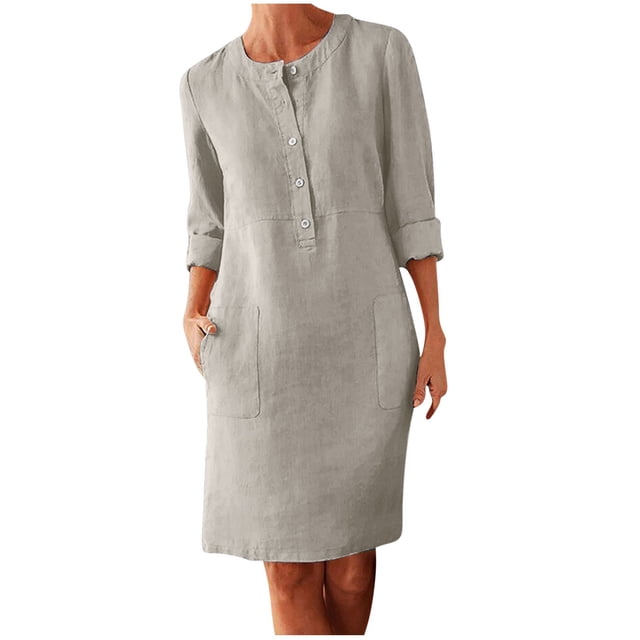 Daiosportswear Robe en Lin et Coton pour Femmes, Robe Chemise à Boutons à Manches Longues, Col Rond, Robe Habillée Décontractée Mini avec Robe Femme, Robes pour Femmes Beige 5X-Grand(XXXXXL)