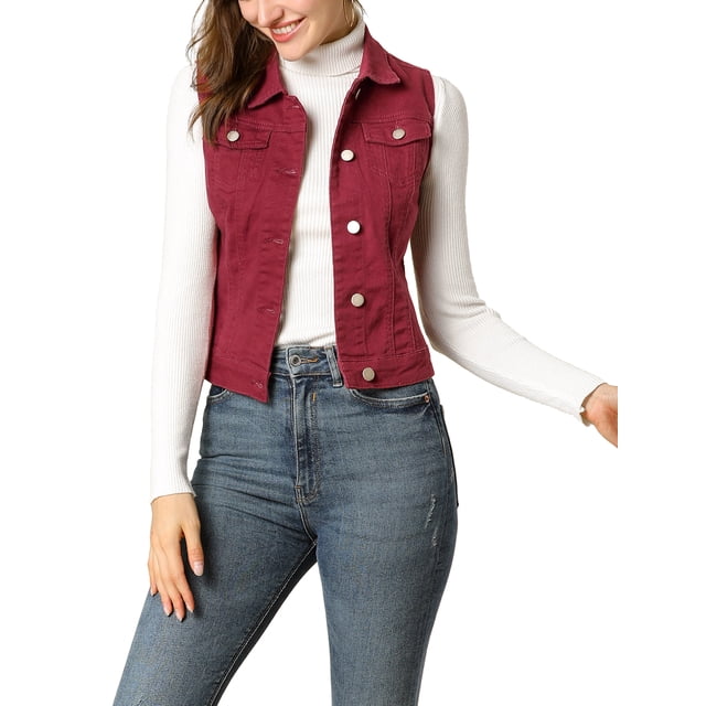 INSPIRE CHIC Women's Washed Chest Flap Pockets Single Breasted Denim Vest