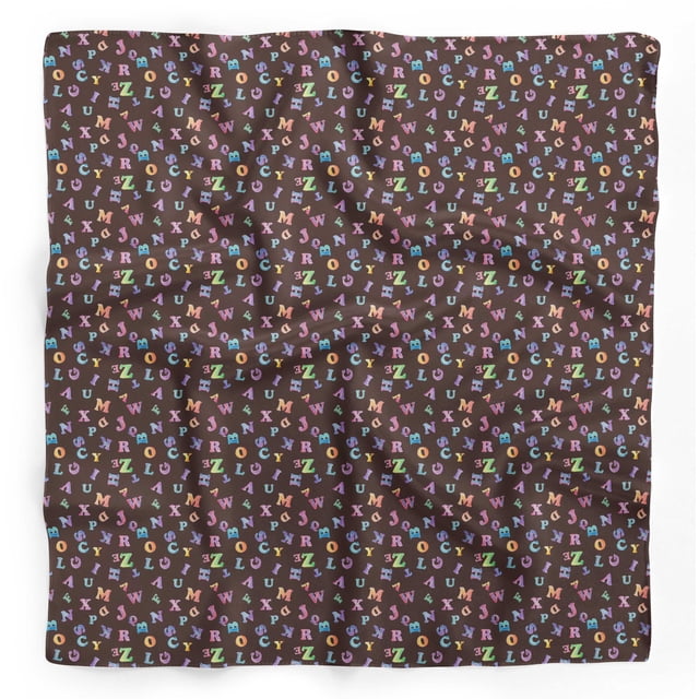 Bimba Brown Colorful Alphabets Text Pure Silk Printed Head Bandanas Summer Neck Wrap Scarf 40 x 80 Inches