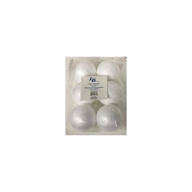 Lerman Decor's craft foam balls, a pack of six smooth white 3-inch polystyrene spheres in clear plastic packaging, ideal for DIY crafts such as Christmas ornaments, party decorations, and various creative projects.
