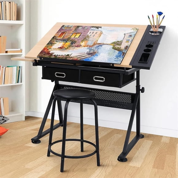 QinaQin Adjustable Drawing Table with Tilted Tabletop 2 Storage Drawers and Stool Ideal for Artists Painters Drawing Crafting Reading and Writing