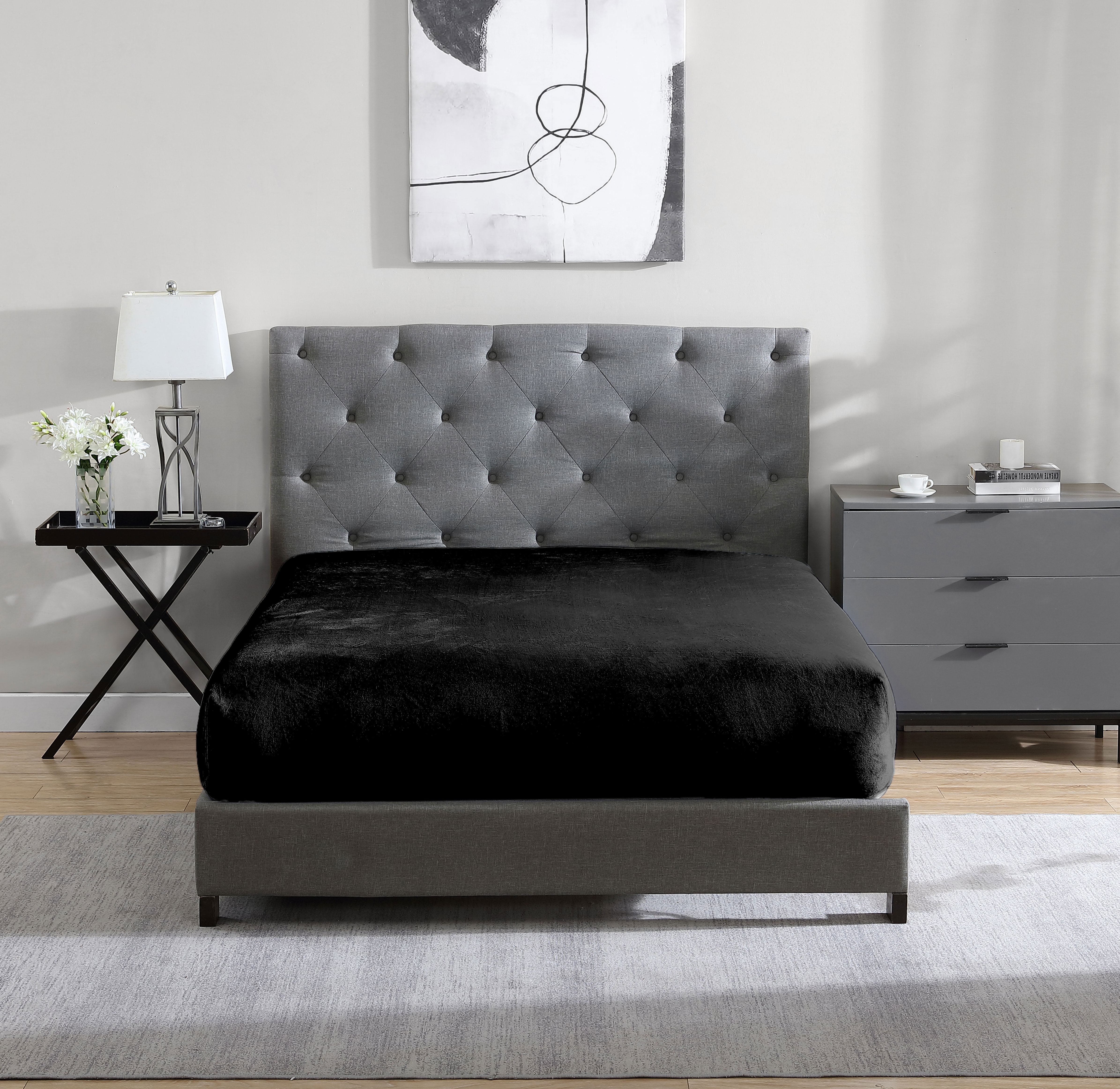 Swift Home Drap-housse de luxe 1 pièce en flanelle peluche, ultra-doux, poche profonde, chaleur toutes saisons, grand lit (Queen), Noir