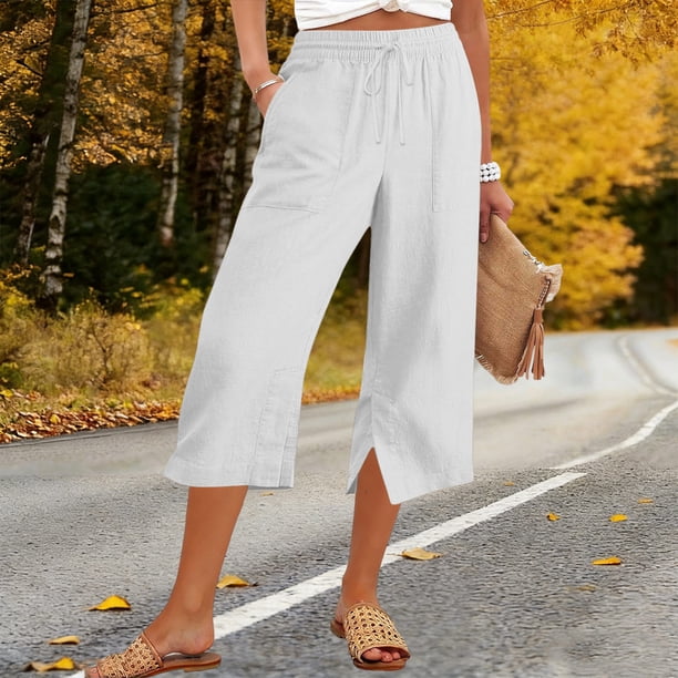 Cotton Linen Capri Pants for Women Casual Elastic Waist Cropped