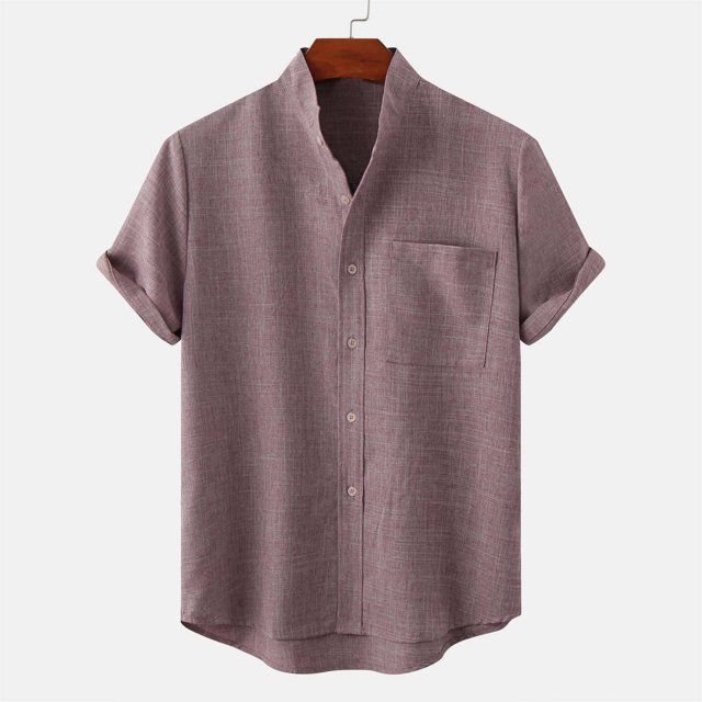 Babysbule Mens Shirts Clearance Men's Round Neck Pocket Button Solid Cotton Linen Short Sleeve Shirt