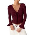 thumbnail image 1 of Plebaso Women's Spring Summer Tops Crop Bell Long Sleeve Ribbed Shirts V Neck Drawstring Casual Knit Tee, 1 of 6
