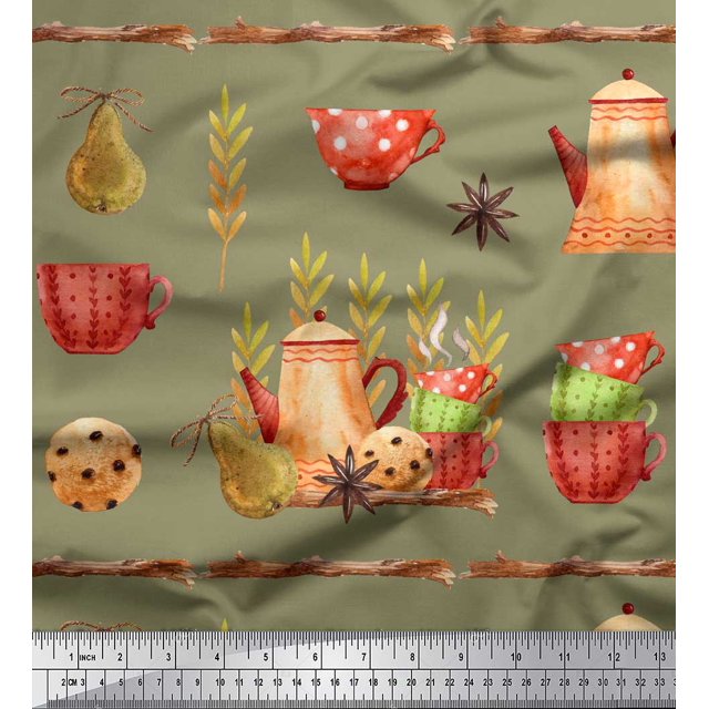 Soimoi Green Velvet Fabric Kettle & Cups Kitchen Decor Fabric Printed BTY 58 Inch Wide