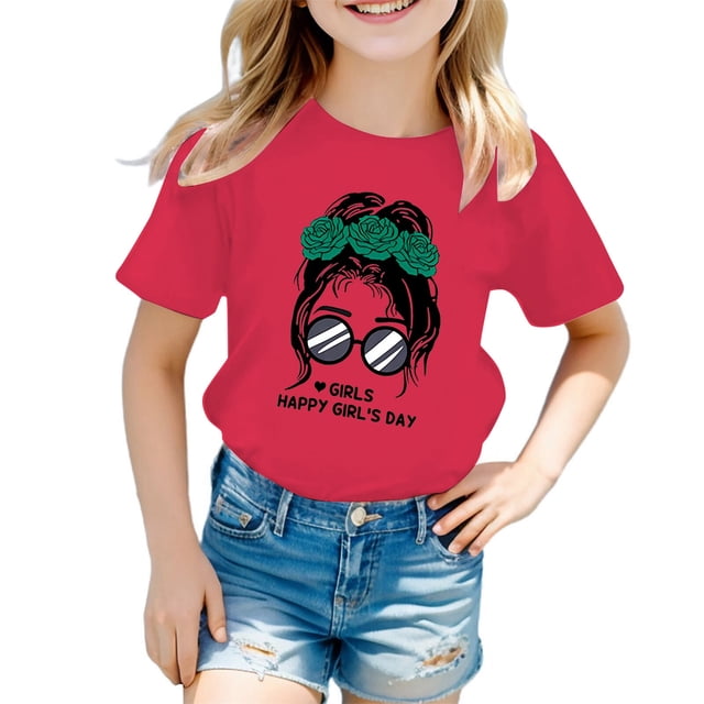 Hauts de Danse pour Enfants Filles T-Shirt Manches Longues Enfants Filles Mignon Graphique Imprimé Col Rond Manches Courtes Tee Été Décontracté T-Shirt Hauts