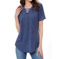 thumbnail image 4 of MY Women Solid Color Short Sleeve Tunics Lace-up V Neck Top, 4 of 7