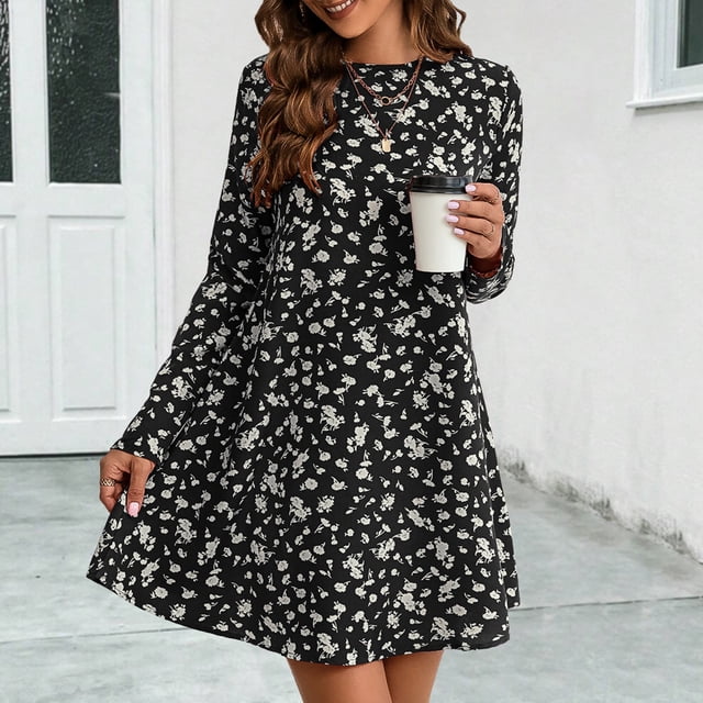 FcBaudy Robe à Manches Longues à Col en V, Robes d'Été pour Femmes, Robes pour Femmes Mode Robe Décontractée à Manches Longues pour Femmes Col Rond Robes Imprimées pour Dames Robe pour Femmes