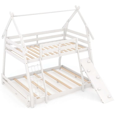 Costway Twin Over Queen Bunk Bed House Shaped Bed Frame with Climbing Nets and Ramp White