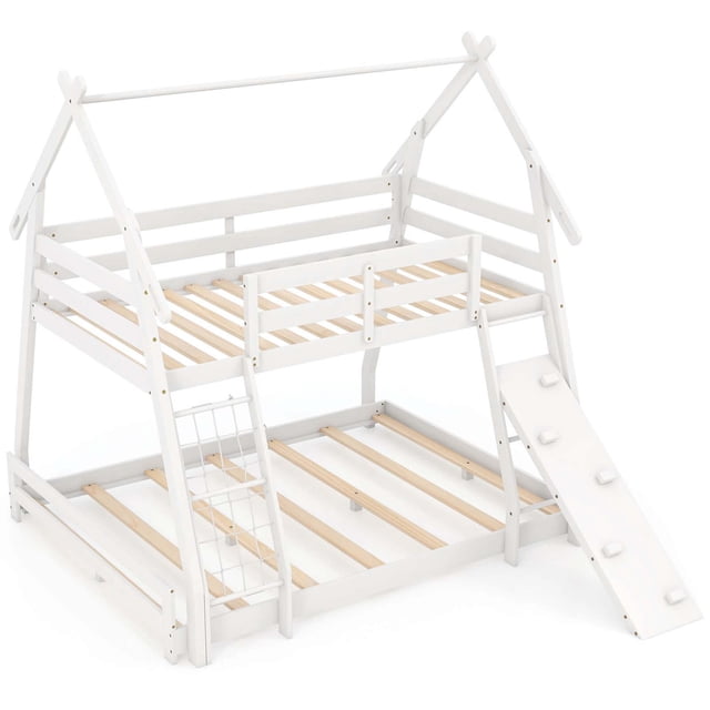 Costway Twin Over Queen Bunk Bed House Shaped Bed Frame with Climbing Nets and Ramp in white. A kids' bunk bed featuring a house-shaped design with a twin-size upper bunk and queen-size lower bunk. Includes a climbing net, inclined ramp, and full-length guardrails for safety. Made from solid pine wood with plywood slats for durability. A space-saving solution for kids' bedrooms, combining functionality and entertainment.
