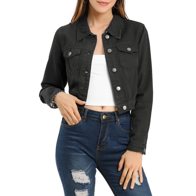 INSPIRE CHIC Women's Denim Cropped Jackets Chest Pocket Plaid Trim Button Down Jean Jacket S Black