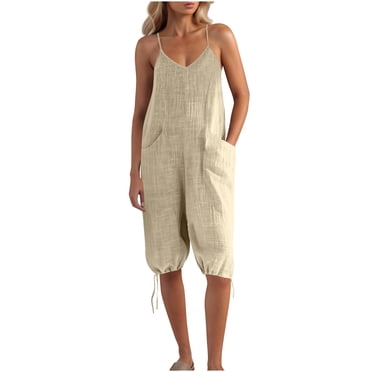 yoeyez One Piece Jumpsuits for Women,Ladies Summer Cotton Linen Casual Rompers Spaghetti Strap Sleeveless Trendy Overalls Jumpsuits With Pockets Beige,M
