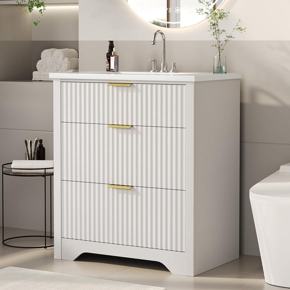 24" Fluted Bathroom Vanity with Sink,Easy Assembly & Cleaning,Farmhouse Freestanding Bathroom Sink Cabinet with 2 Drawers & 1 Flip-Down Drawer