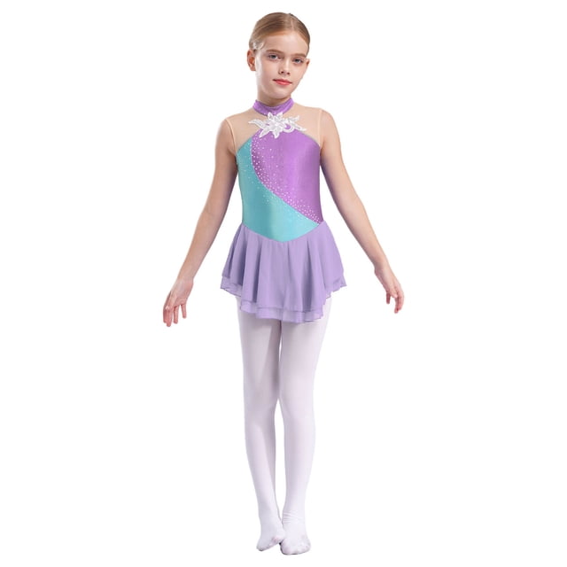 Oyolan Robe de Patinage Artistique Sans Manches à Paillettes en Maille Florale pour Filles Enfants Lavande 10