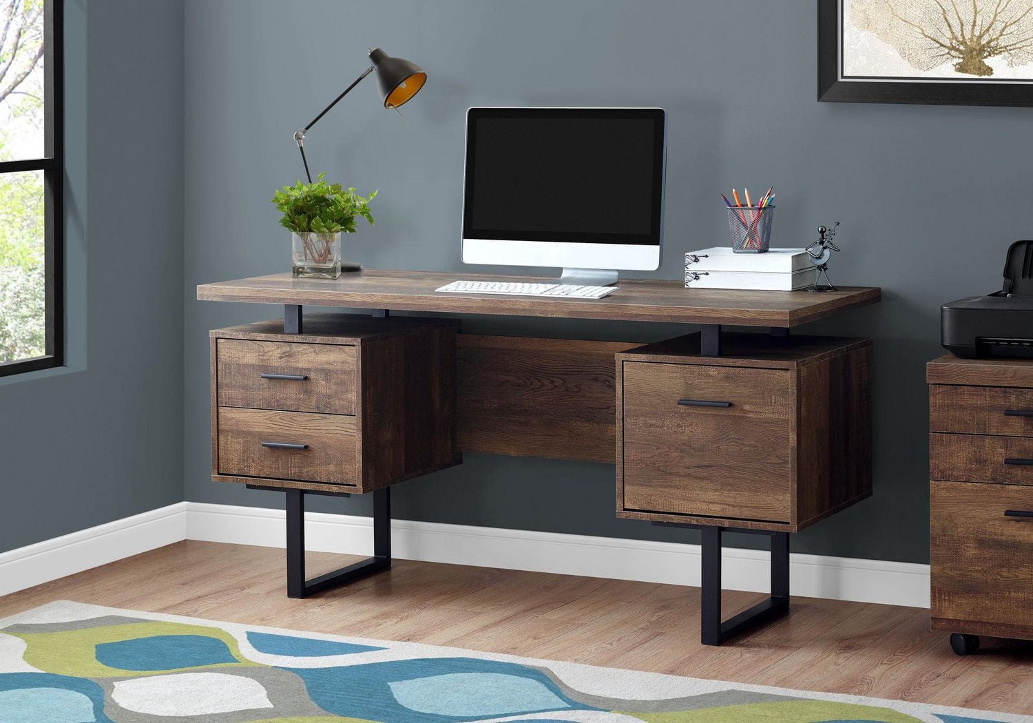 Monarch Specialties Computer Desk, Home Office, Laptop, Left, Right Set-up, Storage Drawers, 60"l, Work, Metal, Laminate, Brown, Black, Contemporary, Modern
