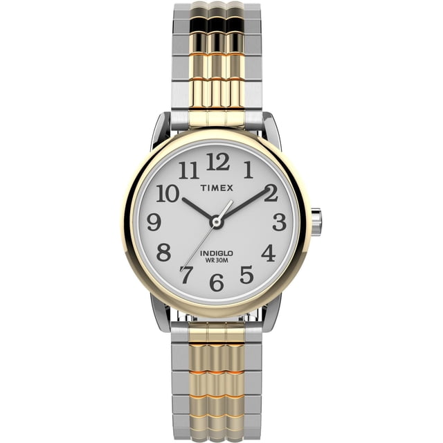 Timex® Easy Reader® Montre à Bracelet Extensible en Acier Inoxydable à Ajustement Parfait avec un Boîtier en Métal Poli Bicolore de 25 mm, Cadran Blanc avec Chiffres Arabes Complets, et un Bracelet Extensible en Acier Inoxydable Bicolore Brossé avec Maillons PerfectFit Ajustables. Elle Comprend un Cadran INDIGLO Lumineux et une Résistance à l'Eau de 30 Mètres, Convient au Chronométrage Clair et au Port Quotidien.