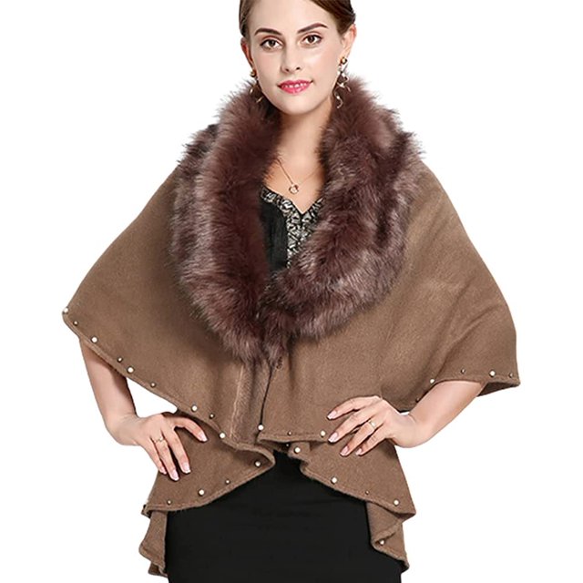 LinYooLi Poncho Cape en Fausse Fourrure pour Femmes, Col Châle, Couleur Unie, Ouvert devant, pour Automne Hiver 2022
