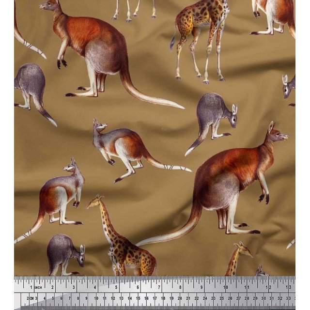 Soimoi Brown Viscose Chiffon Fabric Kangaroo & Giraffe Animal Fabric Prints By Yard 42 Inch Wide