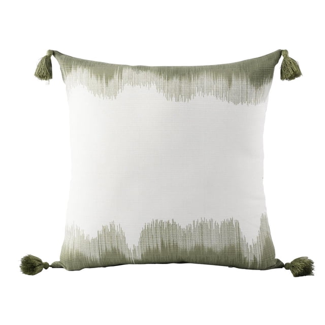 Coussin Décoratif Usé, Lot de 2, Montrant un Oreiller Extérieur Carré avec un Centre Blanc et des Bords Usés Vert olive, Fabriqué à Partir de polyester 100 % Recyclé Hydrofuge, Traité aux UV, avec des Pompons aux Quatre Coins, Mesurant 16 Po par 16 Po par 5 Po, Parfait pour Rehausser les Espaces de Vie patio et Extérieurs, Convient Aussi comme Coussins d'Accent Décoratifs pour l'Intérieur.