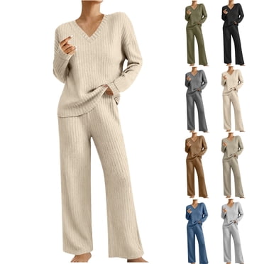 UPPADA Ensemble 2 Pcs pour Femmes Automne Printemps Mode Ensemble 2 Pcs de Vacances Hauts à Manches Longues Col Ras du Cou Pantalon à Jambe Grand Ensembles de Détente avec Poches Noir, TTG