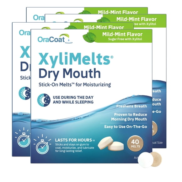 OraCoat XyliMelts Dry Mouth Relief Moisturizing Oral Adhering Discs Mild Mint with Xylitol, for Dry Mouth, Stimulates Saliva, Non-Acidic, Day and Nig